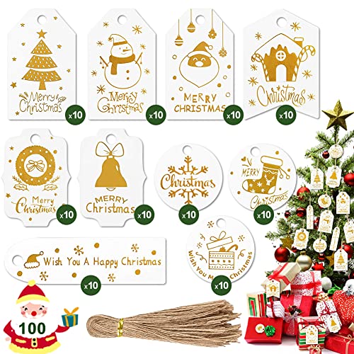 100 pièces Étiquettes de cadeau de Noël en feuille d'or avec ficelle de jute, petites étiquettes de cadeaux en papier kraft de Noel suspendues pour cadeaux Emballage Artisanat Décoration de nouvel an Cover