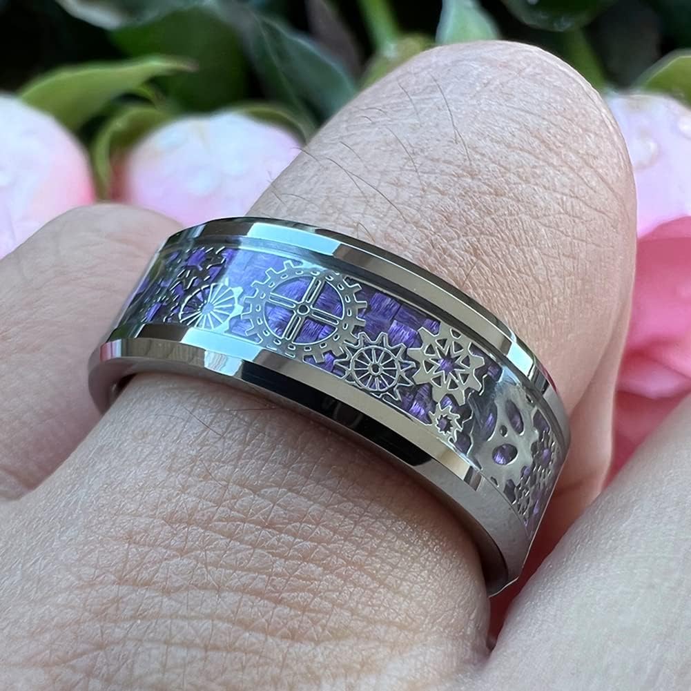 TUTISS 6mm 8mm Tungsten Rings for Men Women Purple Carbon Fiber Steampunk Gear Inlay Engagement Wedding Bands Beveled Edges Polished Shiny Comfort Fit
