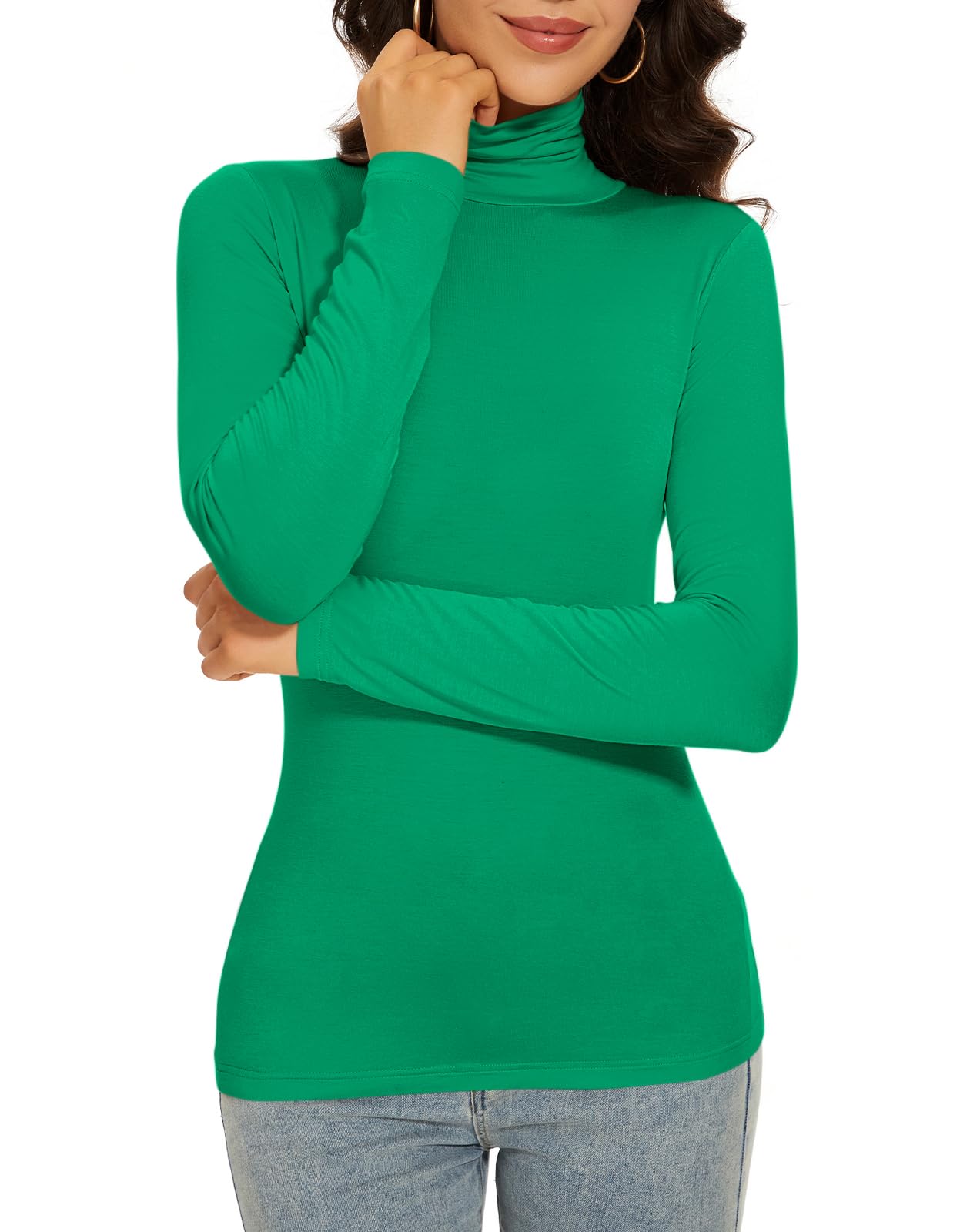 Qukayang Women's Turtleneck Long Sleeve Thermal Tops Slim Fitted Lightweight Thin Basics Layer Tshirt (XS-2XL)