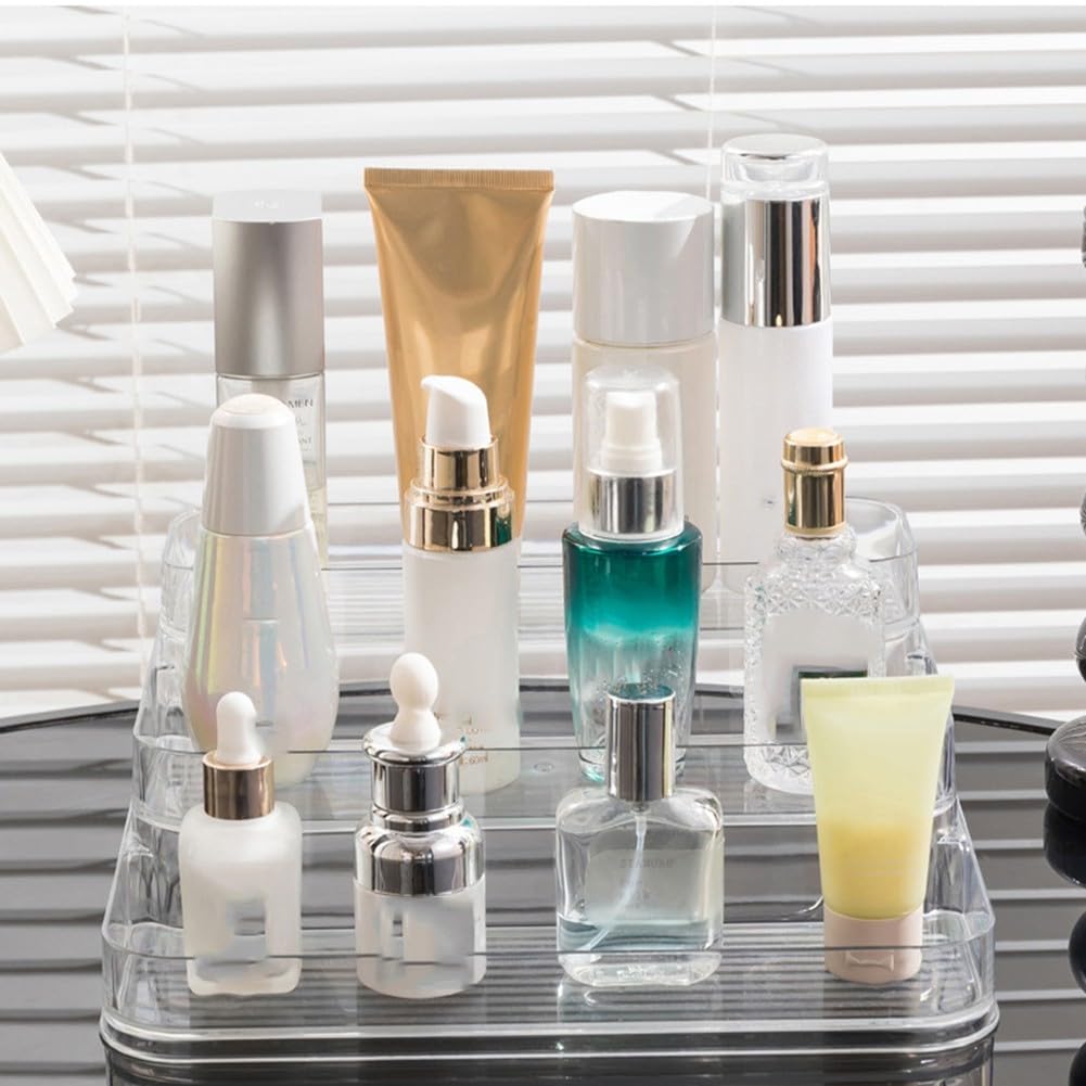 Confezione da 2 organizer in acrilico trasparente con tre ripiani per bottiglie di profumo, cura della pelle e medicine, design a gradini larghi per grandi contenitori, per uso domestico e bagno
