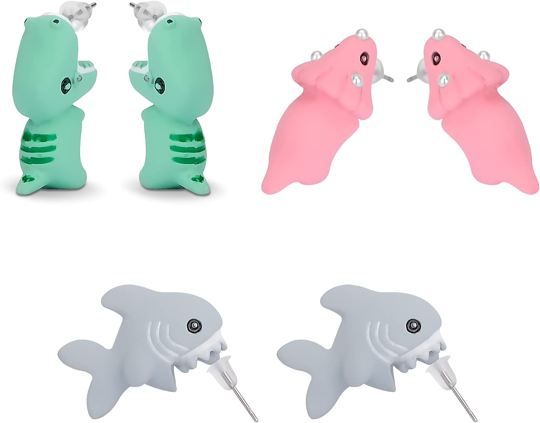 Pure Compression 3 Pair Cute Animal Bite Earrings - 3D Dinosaur Shark Biting Ear Studs - Simple Clay Ear Rings Decors for Women (PX-ABE-3)