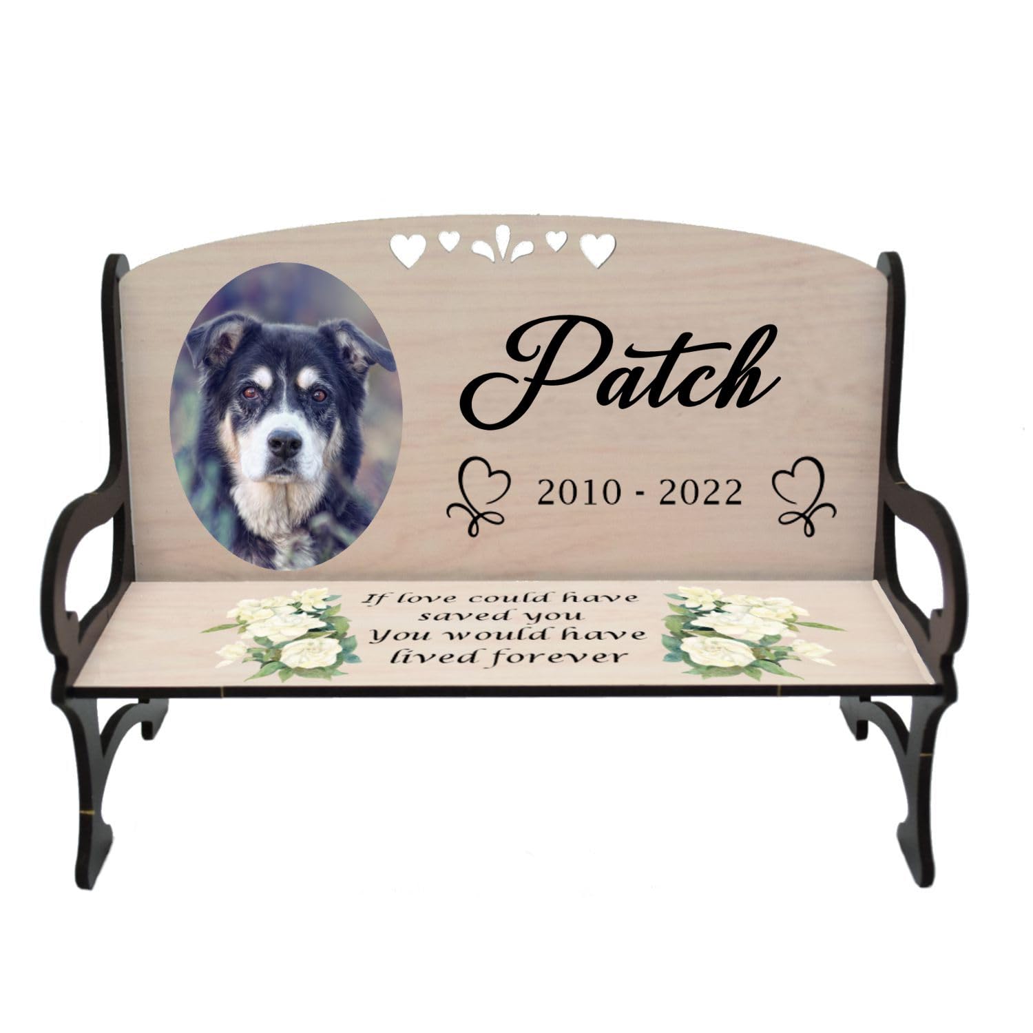 Pet Memorial Bench - Personalised Bereavement Keepsake Gift with Custom Wording and Photo Options - Size 18cm x 8cm x 12cm (Mdf Wood 18cm x 12cm x 8cm, Beige)