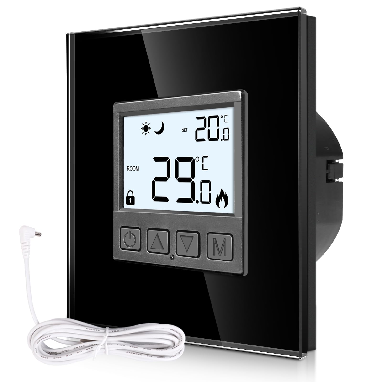 CNBINGO Digitaler Raumthermostat Unterputz mit Fühler, Thermostat für Wasser Fußbodenheizungen und Boiler, Wandthermostat für Heizung und Kühlungssysteme, Schwarz mit Glasrahmen