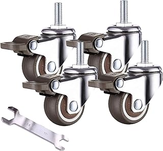 EMCOMS Swivel Brake Caster Wheels 1 inch 4pcs/Set (All with Brake and Mini Wrench) Threaded Stem Casters 15mm x M6 Set of 4 1" Premium Polyurethane Wheels PU Load Bearing 42 Lbs Per Stem Caster