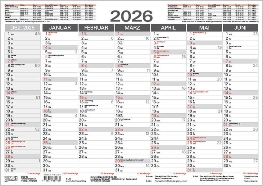 Tafelkalender A4 2026: 14 Monate auf Vorder- und Rückseite I Ferientermine und Feiertage