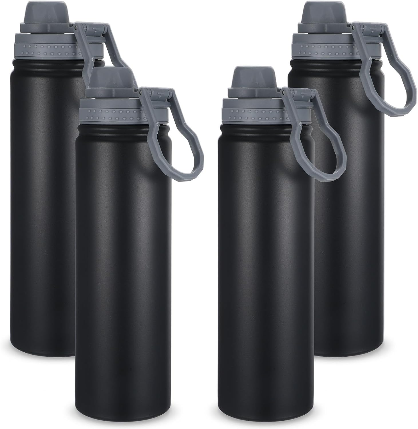 4 Pack Insulated Water Bottles, 26oz/750ml Stainless Steel Sports Water Bottle with Spout Lid Double Wall Bottle Leakproof Wide Mouth Metal Flask for Hiking Camping (Black)
