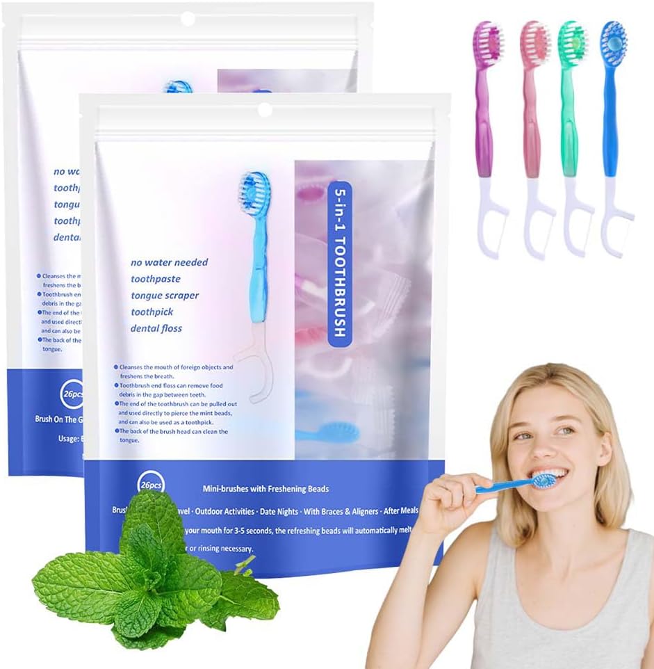 AIIONP 5 in 1 Mini Toothbrush & Floss, 26 PCS Mini Toothbrushes with Toothpaste, All in one Oral Care on The go, Portable Disposable Travel Toothbrush Set for Kids Adults (3)