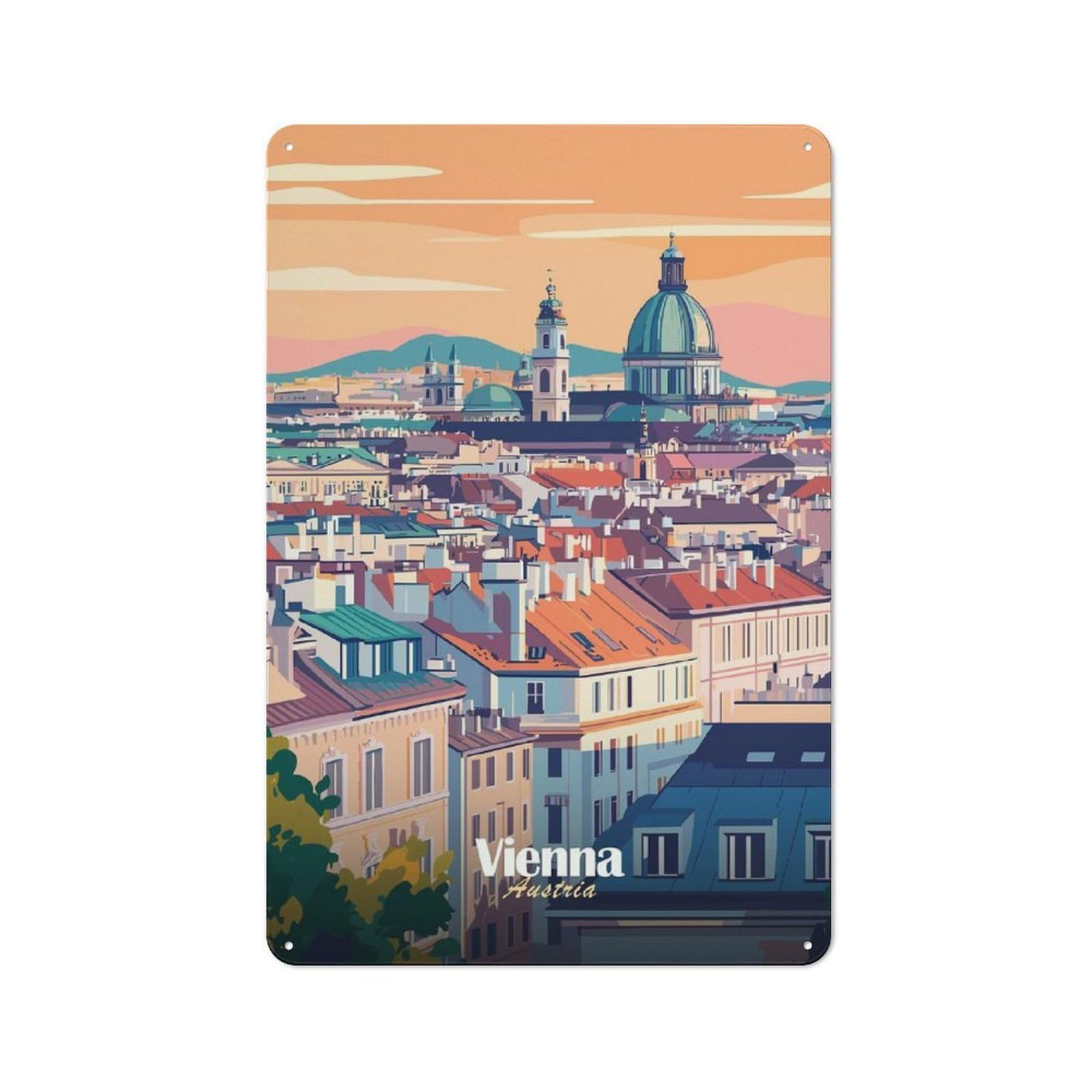 Junmoney Style-6 Tin Sign 30X20cm With Vienna Cityscape Illustration For Living Room Wall, Retro Decor, Autumn Wall Decor For Living Room Decor Lovers