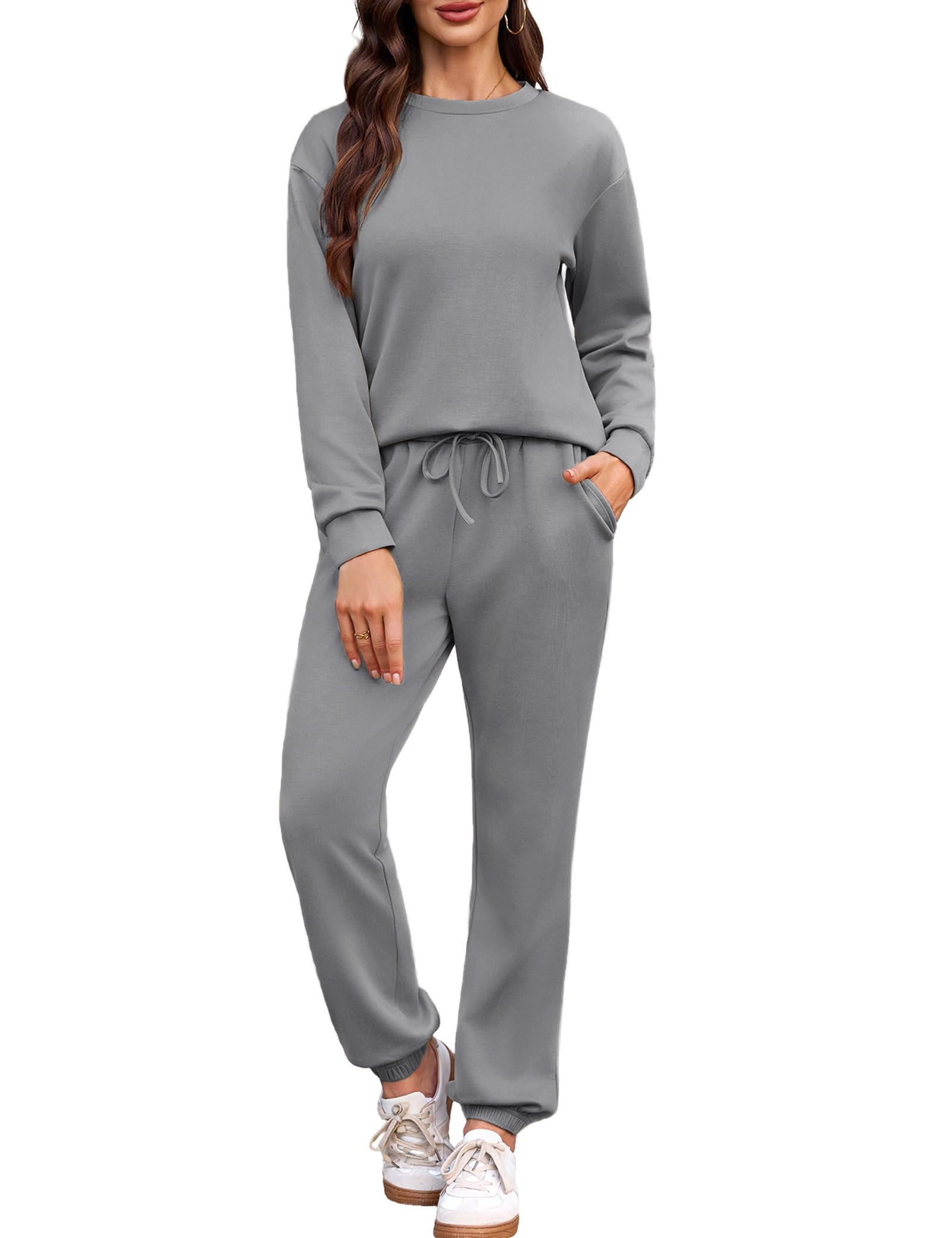 Aottori Jogginganzug Damen Rundhals Trainingsanzug Langarm Sportanzug Freizeitanzug Einfarbig Zweiteiler Hausanzug Lounge Set Sweatshirt und Jogginghose mit Taschen