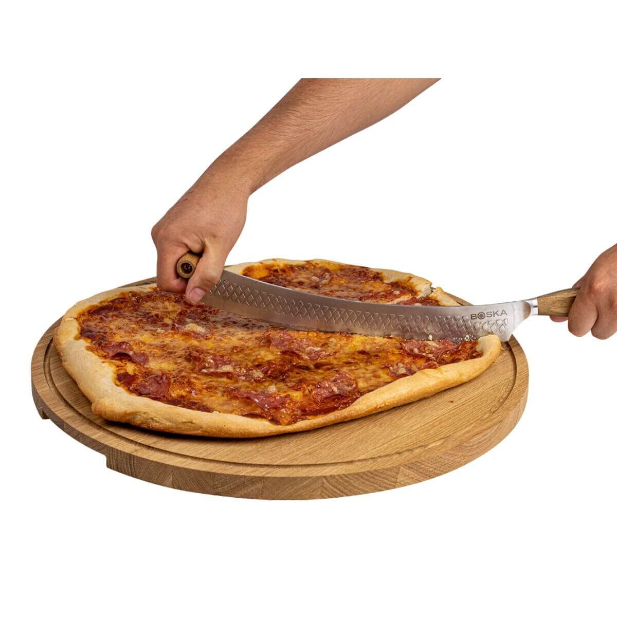 Amici XXL - Piatto per pizza in legno di quercia, diametro 47 cm, piatto rotondo per pizza con pratico vassoio di recupero, adatto anche per colazione, pranzo e