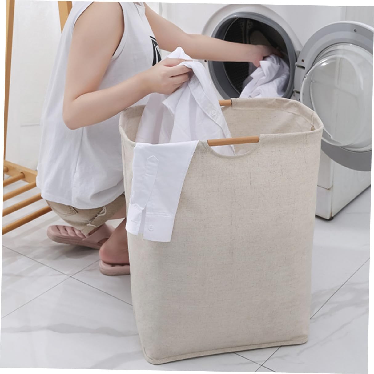 Faltbarer Wäschekorb 60l und 36l, Baumwolle Leinen mit Holzgriff | Faltbarer Wäschekorb Zusammenklappbar, 2 Stück, Beige, für Zuhause und Wohnheim