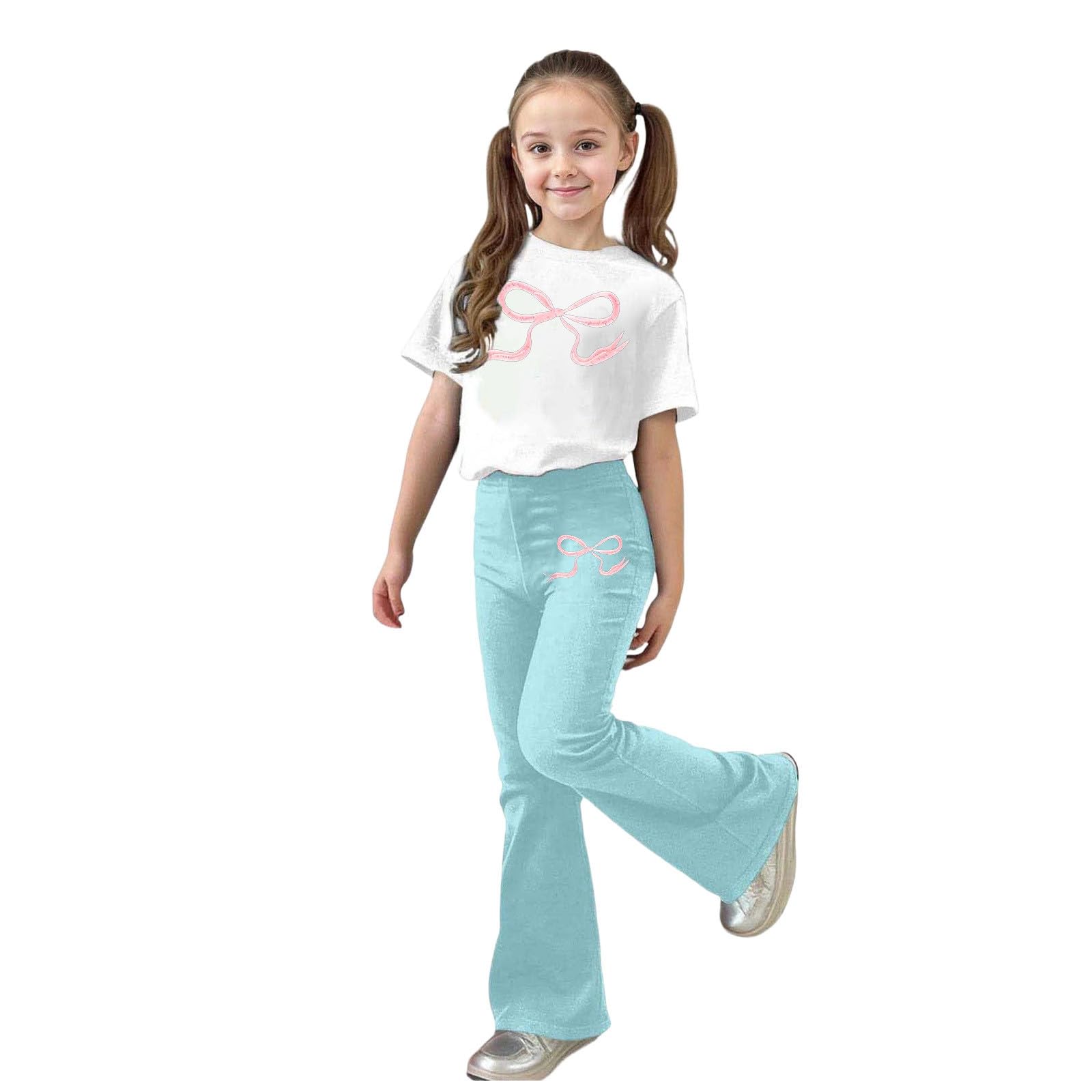 Ensemble Enfant, Deux Pièces Coordonné Pour Filles Et Enfants, Comprenant Un Pantalon Évasé Et Un Imprimé Nœud. Tenue Décontractée Élégante Avec Nœud., Style Décontracté Pour Enfant