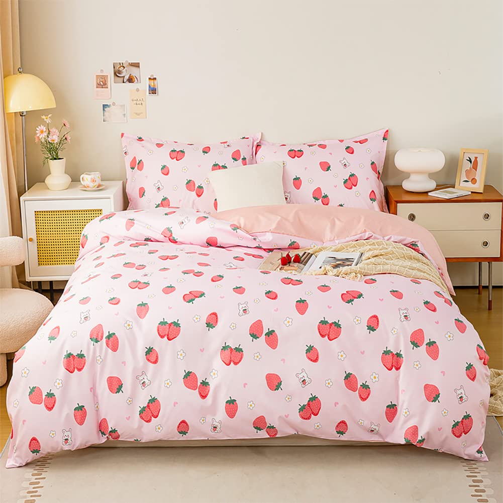 Koudi Juego de ropa de cama infantil de 155 x 220 cm, reversible, diseño de conejo, fresa, 100% microfibra, color rosa, funda nórdica con cremallera y funda de almohada de 80 x 80 cm