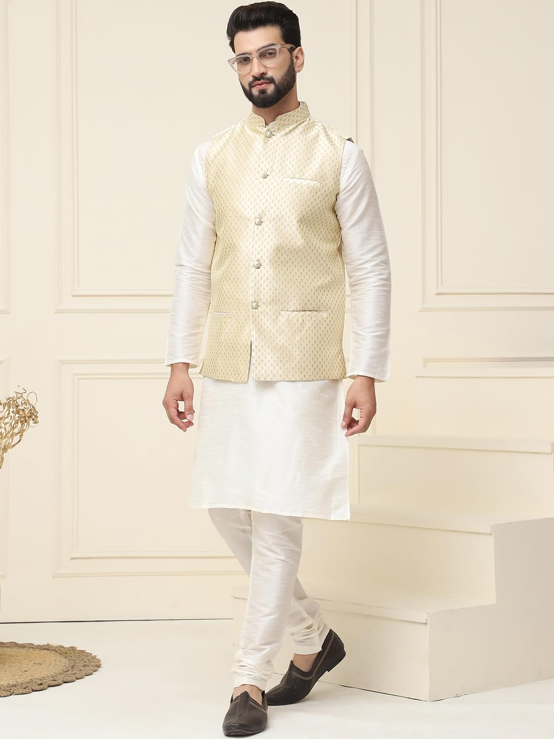 Sojanya (Since 1958 Men's Silk Blend Cream Kurta Pyjama & Beige Self Design Nehru Jacket Combo