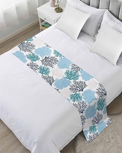 Vista 7 de Camino de cama para cama de tamaño King, manta decorativa azul y verde azulado coral para pie de cama, playa de verano, funda protectora de ropa