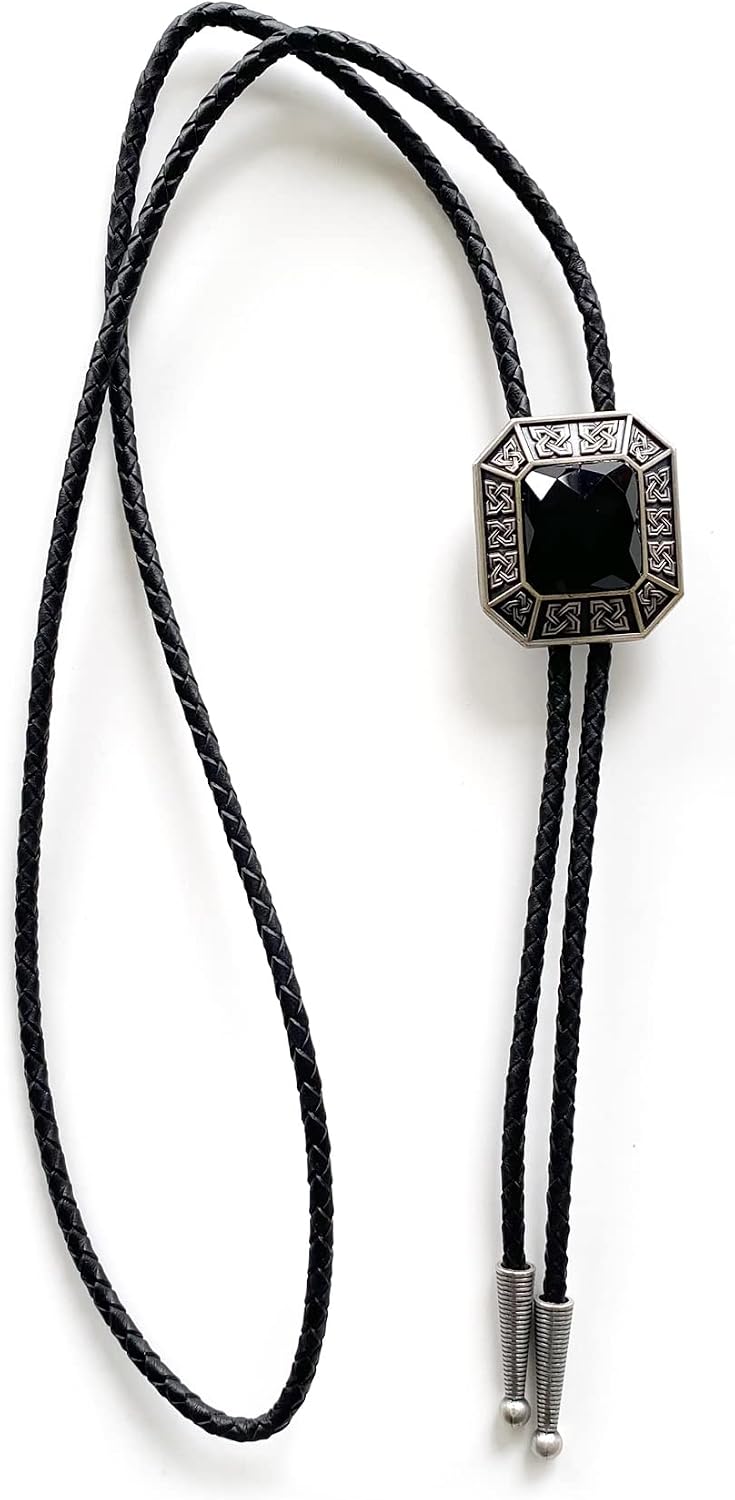 Bolo Tie For Men,Cowboy Necklace,Vintage Silver Plated Black Agate Octagon Celtic Bolo Tie