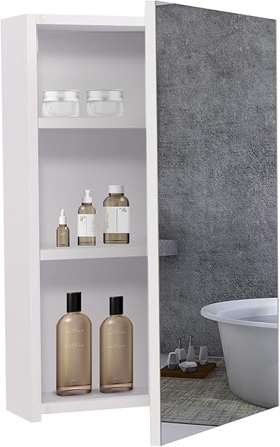 BELIWIN Bathroom Wall-Mounted Mirror Cabinet White, Small Single Mirrored Door Storage Cupboard, Adjustable Height Shelves Storage Unit (40 x 60 x 15 cm)