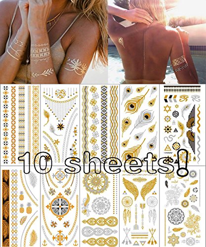 Metallic Temporary Tattoos, 10 Sheets, Black Gold Sliver Multi-Colored Waterproof Flash Tattoo, Sexy Body Tattoo Sticker for Women & Girls