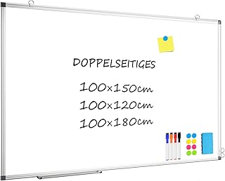 Whiteboard Doppelseitige 100×150cm Whiteboard Magnetisch, Extra Groß Magnettafel mit Aluminiumrahmen, Magnetwand White Board mit Stiftablage und Haken