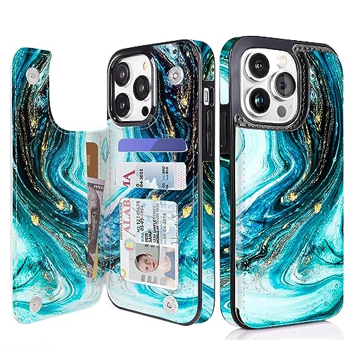 Image of uCOLOR Compatible with iPhone 13 Pro Wallet Case with Card Holder Slots Marble Flip Leather RFID Kickstand Phone Wallet Cover for Women and Girls 6.1 inch (Blue Turquoise Marble, iPhone 13 Pro 6.1 inch)