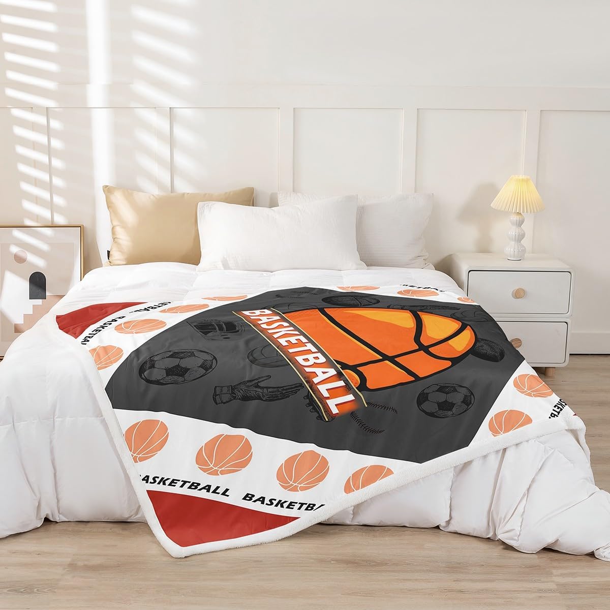 jejeloiu Basketball Sherpa Blanket Sports Theme Basketball Fleece Throw Blanket for Kids Boys Girls Ball Game Print Plush Blanket Orange and Red Fuzzy Blanket for Sofa Bed Couch,Twin 60x80 Inches