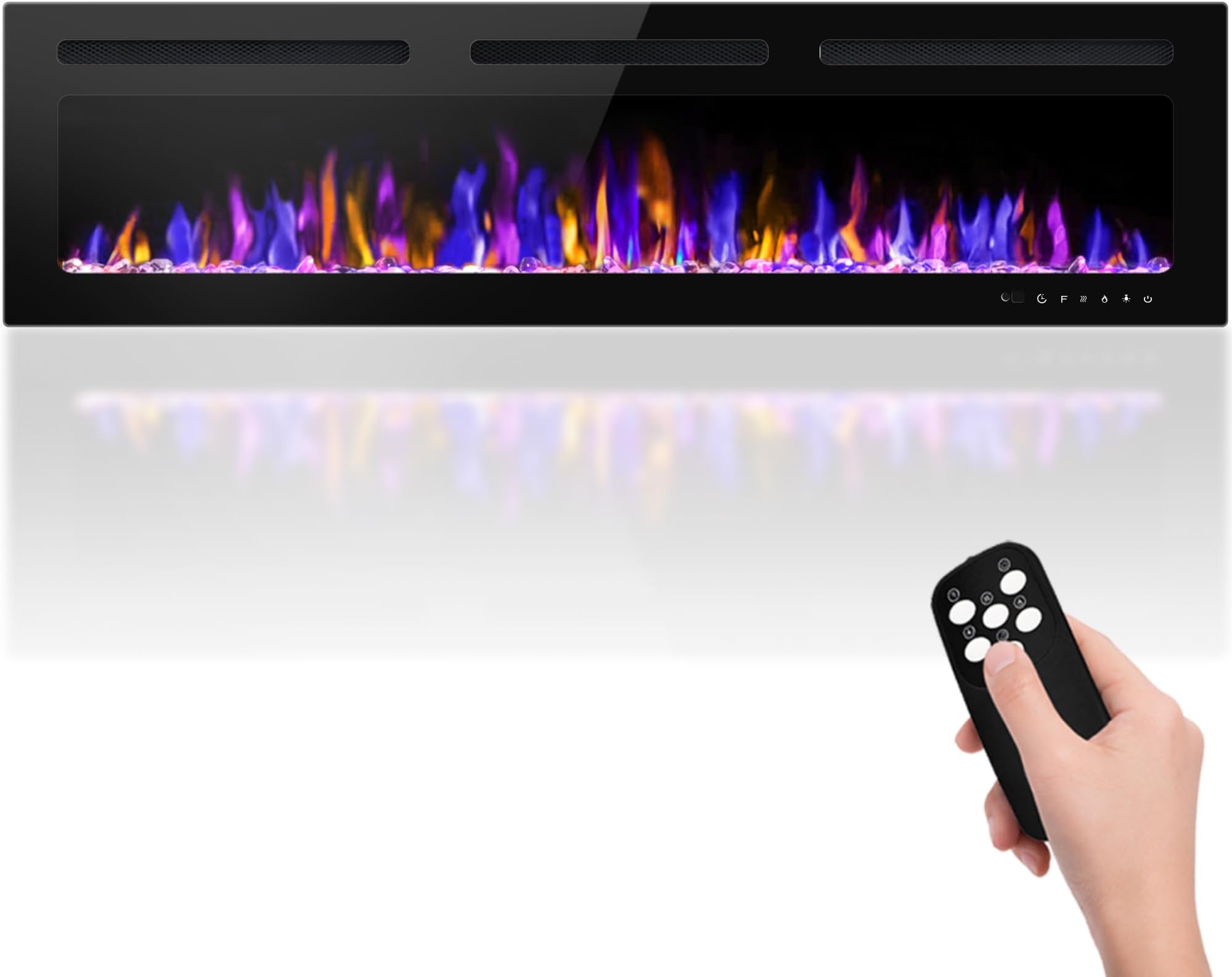 BETELNUT 68" Electric Fireplace Wall Mounted and Recessed with Remote Control, 750/1500W Ultra-Thin Wall Fireplace Heater W/Timer Adjustable Flame Color and Brightness, Log Set & Crystal Options