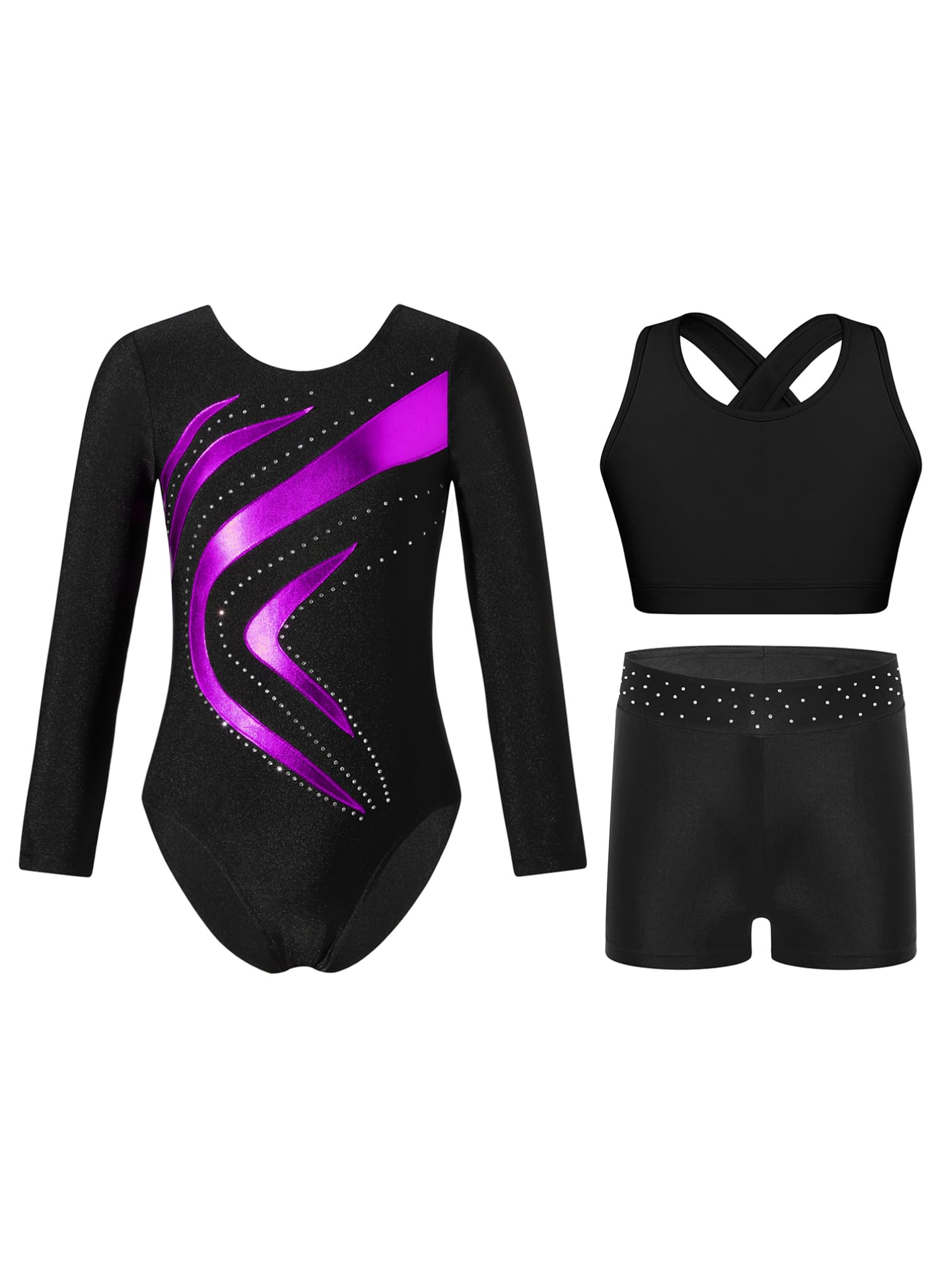 iiniim Bambina Body Danza Classica Tuta Da Ginnastica Divisa Con I Bermuda | Roccia Scintillante,Manica Lunga,Tuta Danza Decorata Con Strass,Costume Da Ballo,Spettacolo,Training,Ginnastica,Teatrale