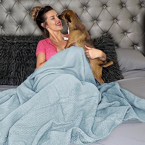 Premium 100% Cotton Blanket – Soft Breathable Thermal Blankets Queen Size For All Season - Queen Blanket For Bed Perfect For Layering - Light Blue #TOP2