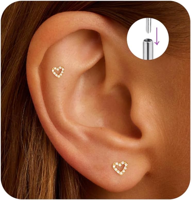 Flat Back Stud Cartilage Tragus Helix Nose Piercing Earrings Jewelry For Women Conch Threadless 18G Titanium Surgical Steel Hypoallergenic 14K Gold plated CZ Silver Small Tiny Studs