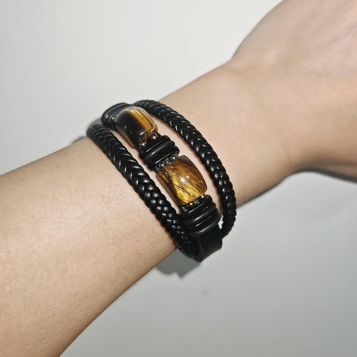 Tiger Eye Leather Bracelet Men Natural Double Tiger Eye Stone Handmade Crystal Healing Protection Bracelets - Image 3