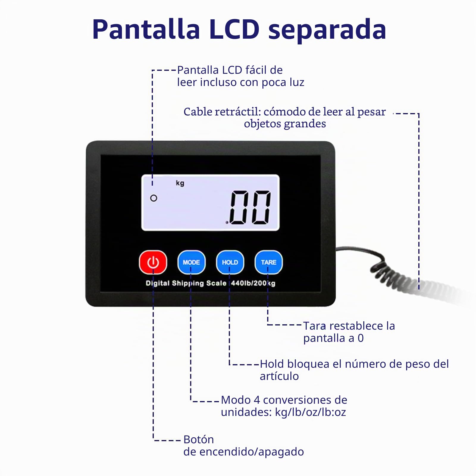 Báscula de Paquete 200KG, Báscula cocina industrial con función LCD/Hold/Tara, Balanza Postal Digital para Paquetes/Almacenes/Equipaje, pilas y alimentación USB
