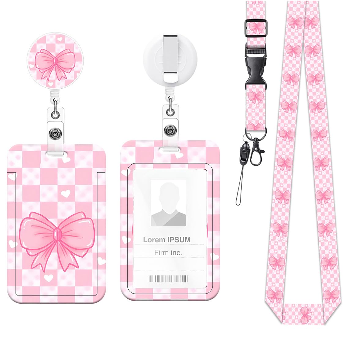 Embhlitife Pink Bow Lanyard with Card Holder Set, Retractable ID Badge Holder for Teacher Nurse Student, Cute Detachable Lanyard Card Holders with Badge Reel for Office School Use