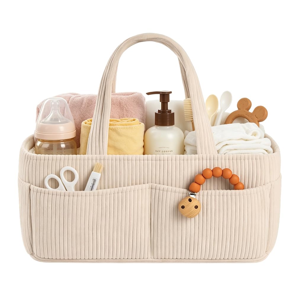 Peldris Baby Nappy Caddy Organiser, Portable Corduroy Nursery Storage Basket with Handle, Detachable Compartments & 6 Side Pockets, Newborn Essentials Diaper Caddy, Baby Shower Gifts (Cream)