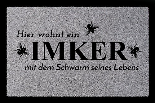 Interluxe FUSSMATTE Türmatte Hier WOHNT EIN IMKER Hobby Bienen Beruf Geschenk Honig Spruch Hellgrau