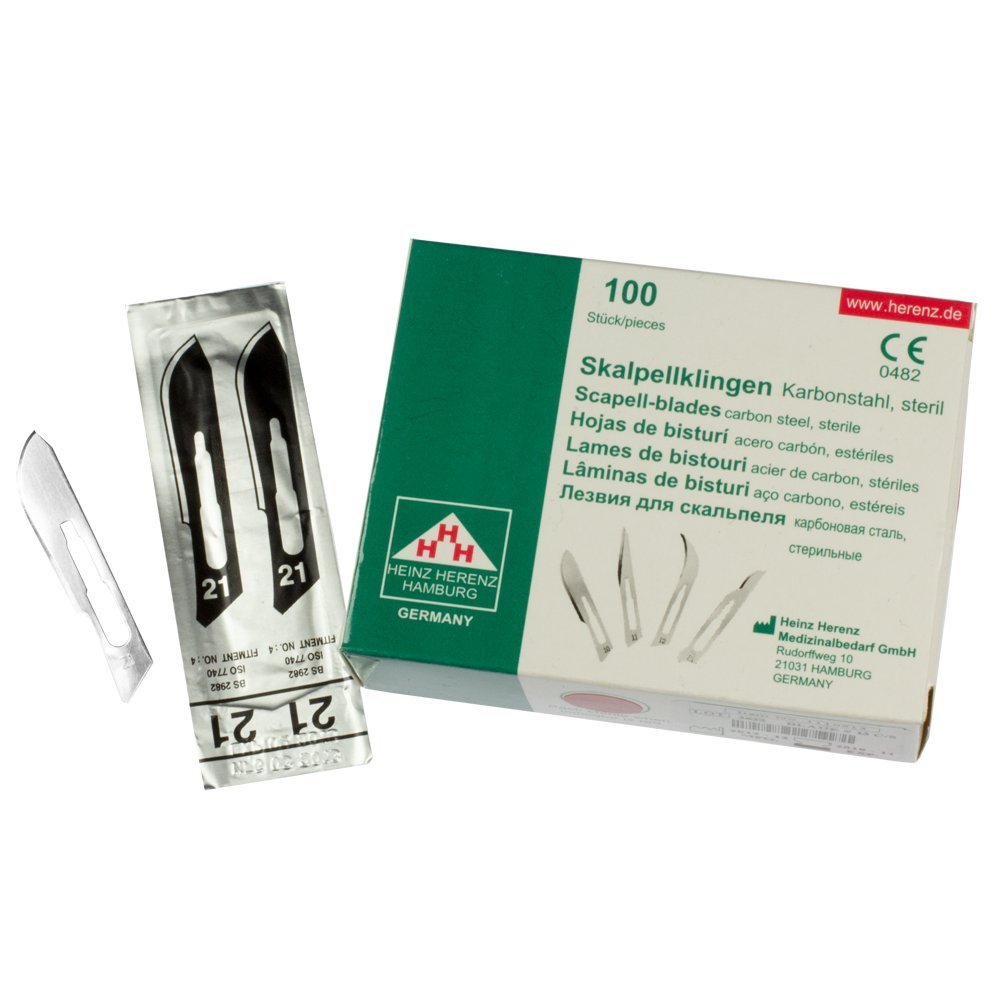 Set - 100 piezas hojas de bisturí No. 21 y mango de bisturí No. 4 - Hojas de repuesto para bisturí hechas de acero al carbono - Estéril