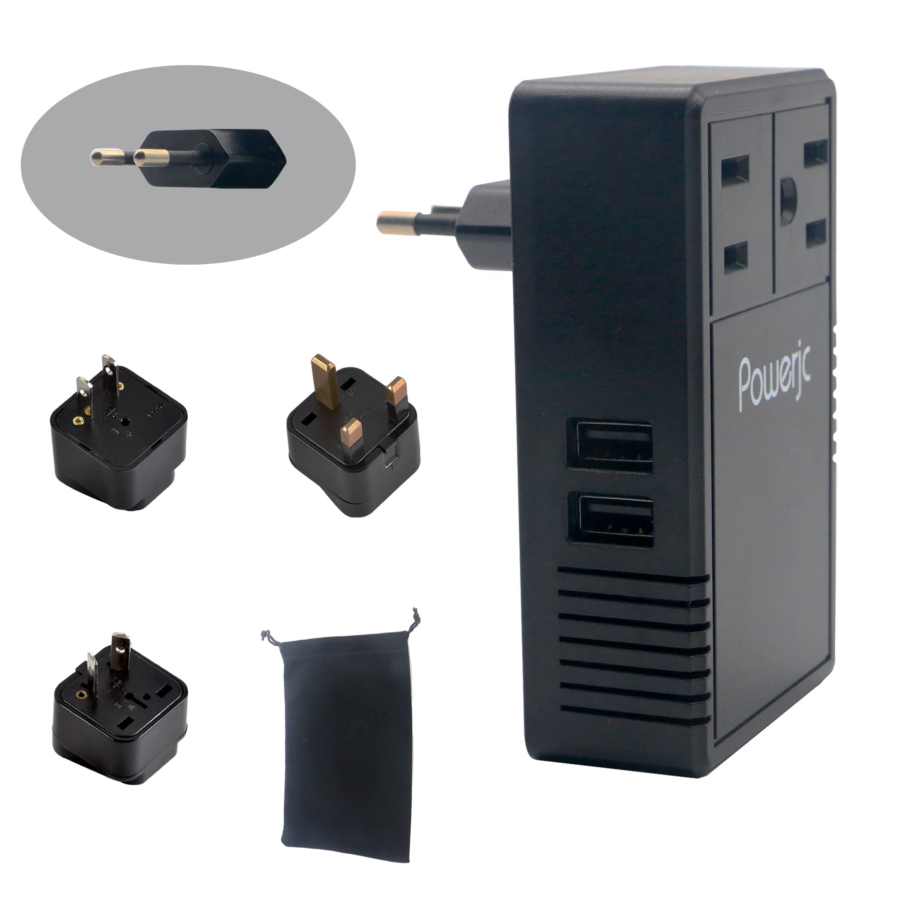 Powerjc Travel Voltage Converter Adapter Power Step Down 220V to 110V 2000W with 2 Outlets and 2 Smart USB Charging Ports Black
