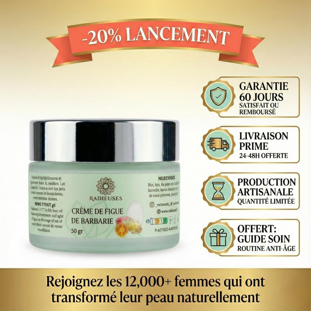 Crème Figue de Barbarie 50g Visage | Anti-Âge Hydratante Naturelle | Huile Pépins Pressée Froid | Vitamine E Oméga 3-6 | Karité Coco | Rides Cicatrisation | CertifiéE NATURELLE Vegan | Radieuses