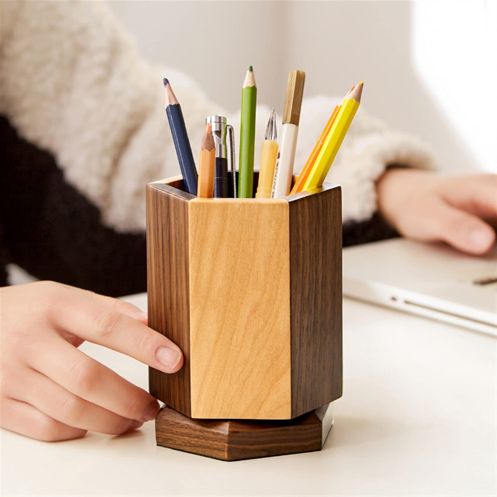 Pot à Crayons Rotatif Hexagonal, Organiseur de Bureau, Pot à Crayons Rotatif à 360 degrés, boîte de Rangement pour stylos et Ciseaux
