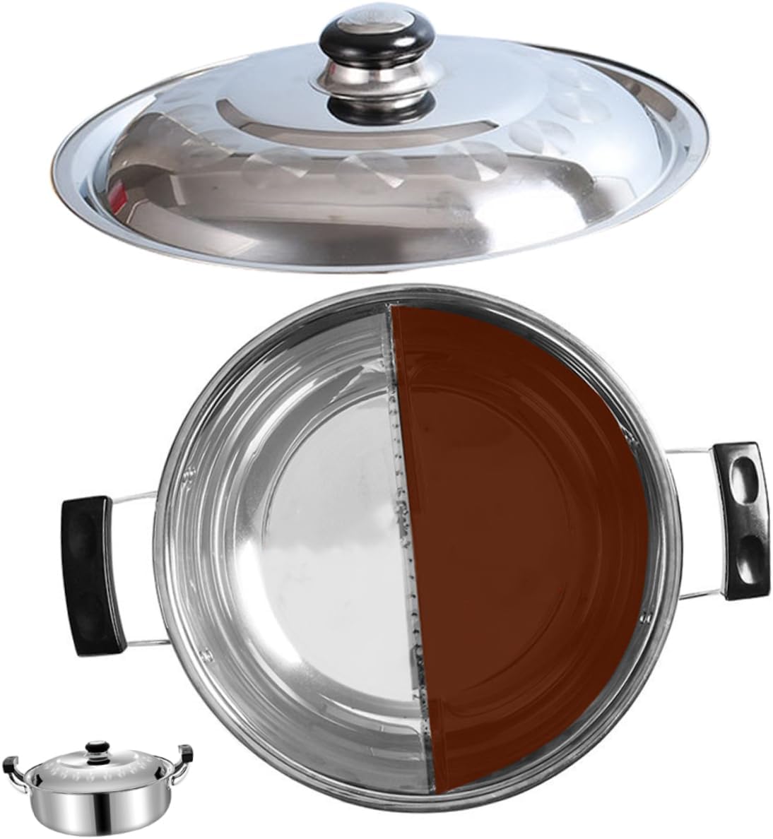 KICHOUSE Dual Handle Stainless Steel Divided Hot Pot Induction Compatible Cooking Pot for Family and Wear-resistant Design for Home Use