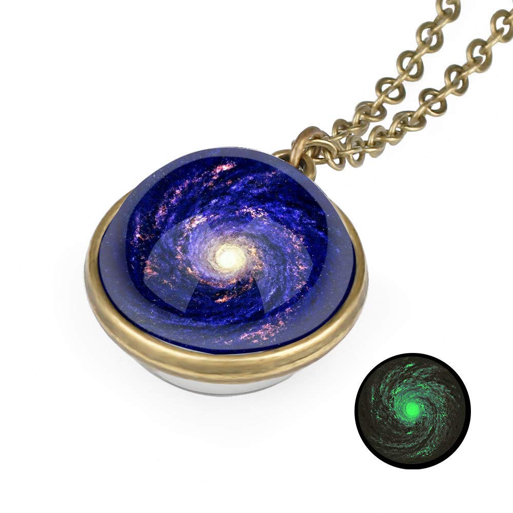 TebapiUnisex Luminous Starry Sky Fantasy Galaxy Pendant Necklace Two Sides Art Picture Cabochon Astronomy Solar System Star Glow in The Dark Beautiful Glass Ball Necklace for Men Women Lover Gift