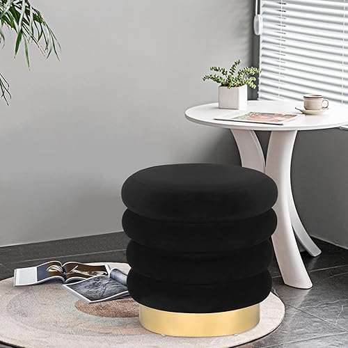 Miniatura 2 de Homebeez Taburete otomano moderno de terciopelo redondo para mesa de centro con base dorada (negro)