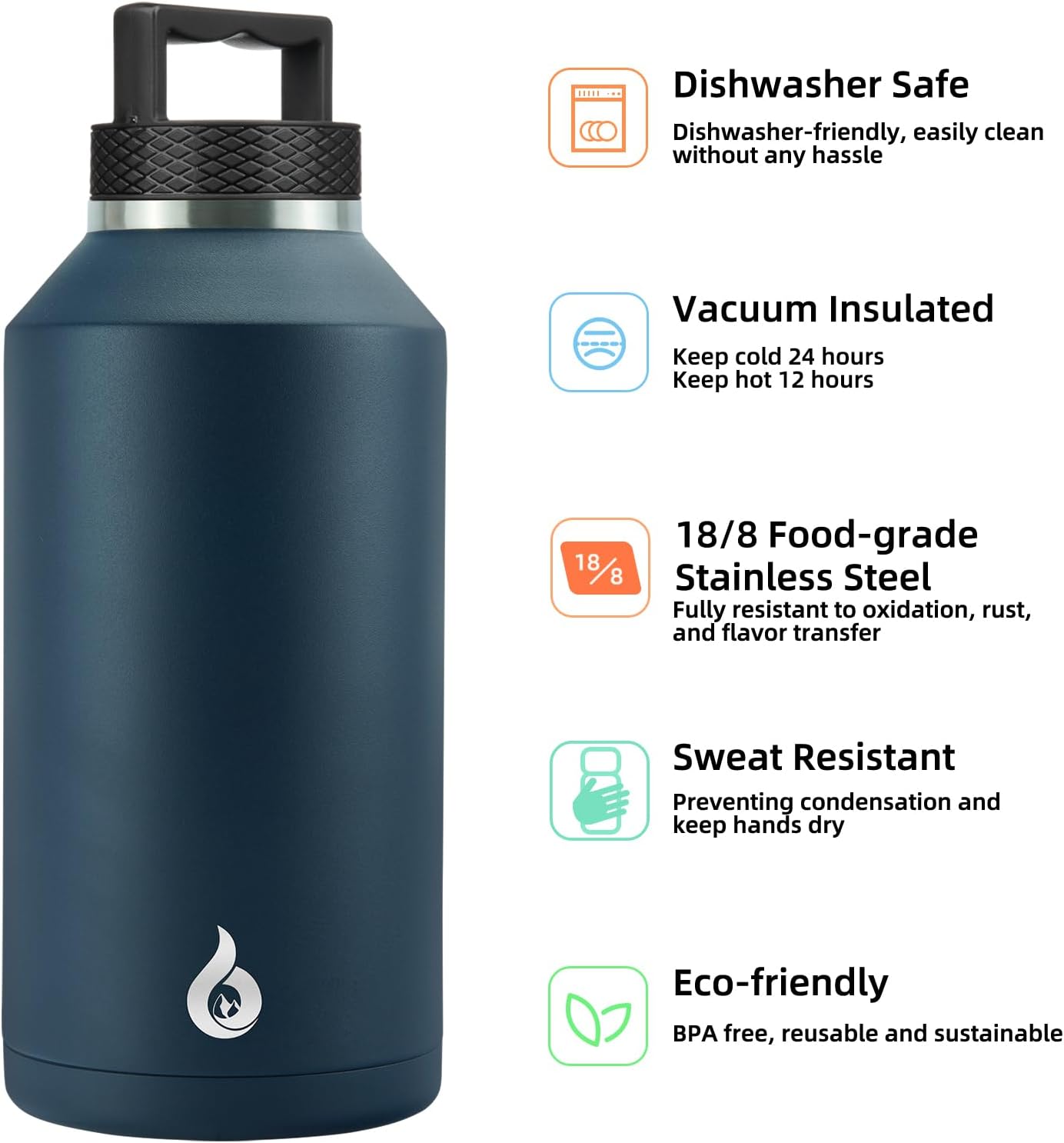 BJPKPK Half Gallon Water Bottle Insulated, Dishwasher Safe 64 oz Water Bottle with Handle, Leakproof BPA Free Thermal Flasks, Large Stainless Steel Jug for Sports, Navy Blue - Image 3