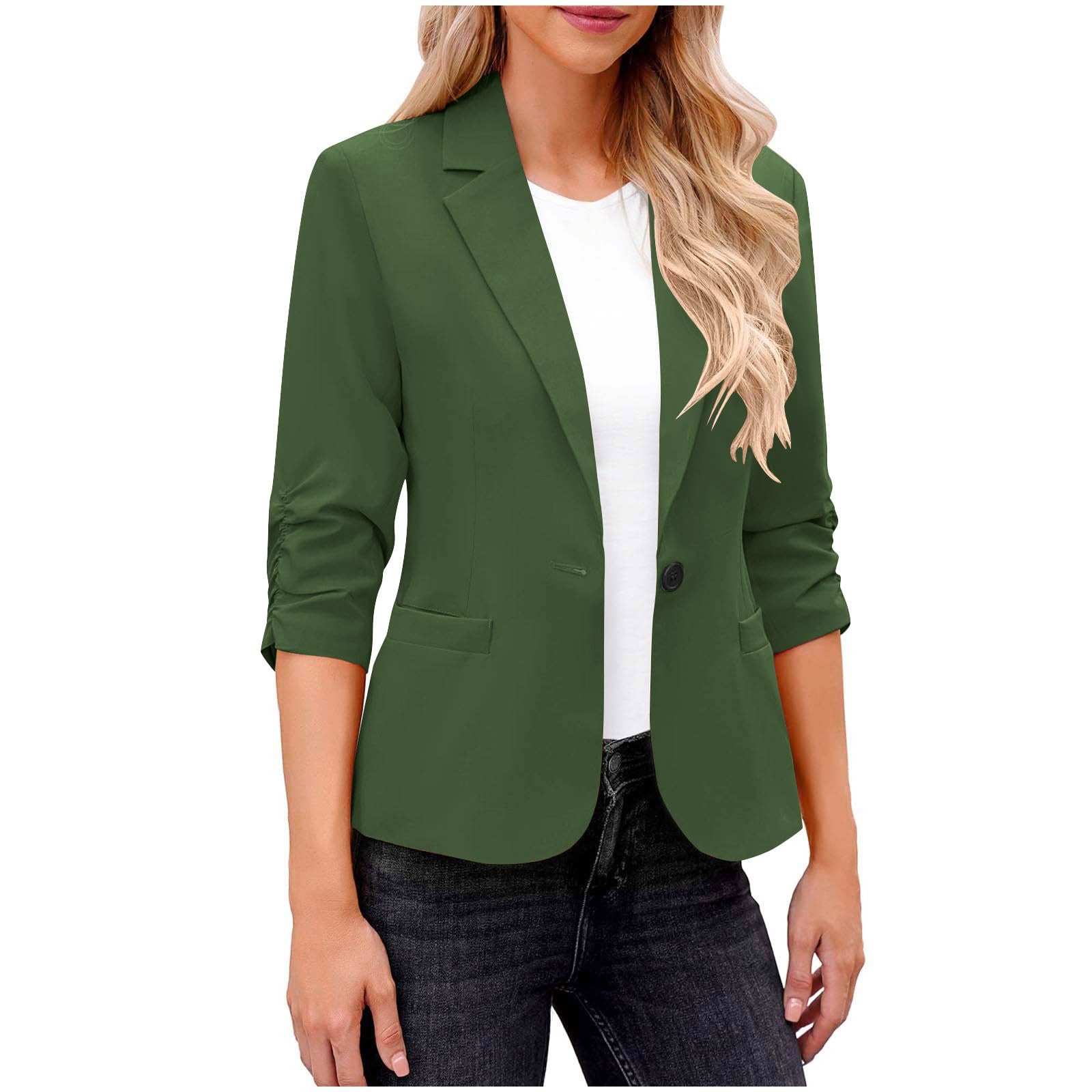 Blazers for Women Suit Jackets Dressy Ruched 3 4 Sleeve Blazer Business Casual Slim Fit Outfits for Work