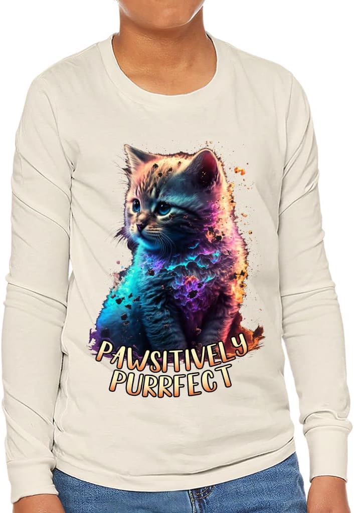 Pawsitively Purrfect Kids' Long Sleeve T-Shirt - Print T-Shirt - Cat Art Long Sleeve Tee