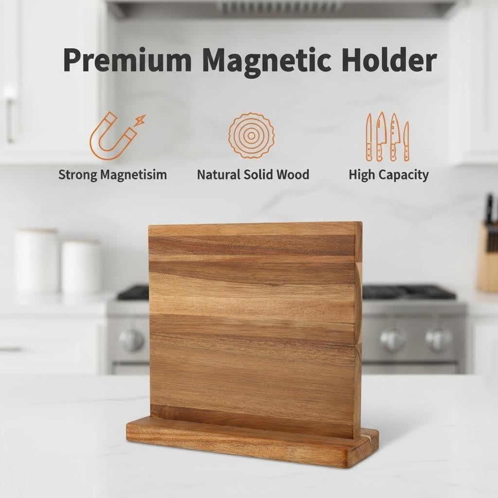 LUBEMIDA Double Sided Magnetic Knife Block 11 x 9 Inches, Acacia Wood Knife Holder with Strong Enhanced Magnets, Multifunctional Kitchen Counter Storage Organizer, No Drilling (11 x 9 inches)