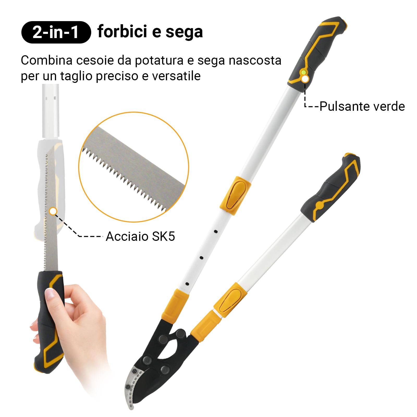 Troncarami telescopico con sega manuale da 21 cm | Troncarami da 75-93 cm | Troncarami grande con diametro massimo di taglio 60 mm