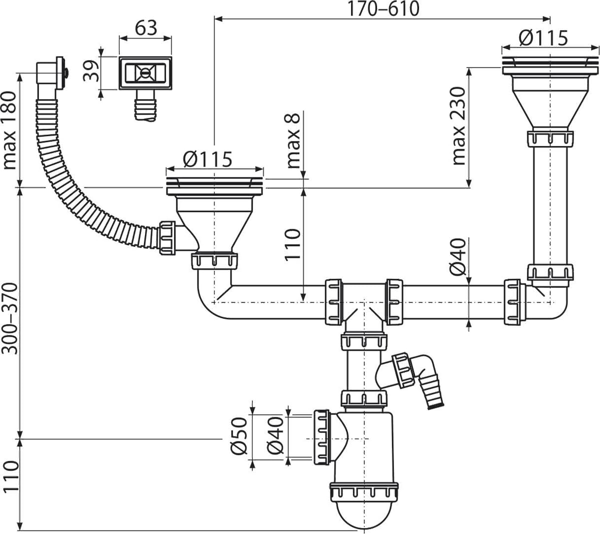 Sifón doble para fregadero con rejilla de acero inoxidable DN115 de doble etapa, con rebosadero y conexión para dispositivos