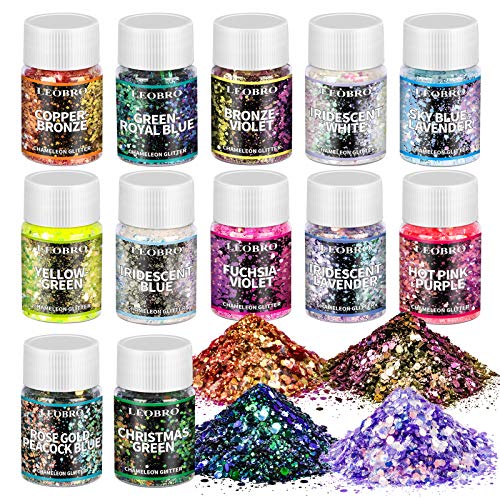 Chameleon Chunky Glitter, LEOBRO 12 Colors Holographic Craft Glitter for Resin Art Crafts, Cosmetic Glitter for Nail Art Body Face, Resin Glitter for Slime Tumbler Jewelry Making, 10g Each