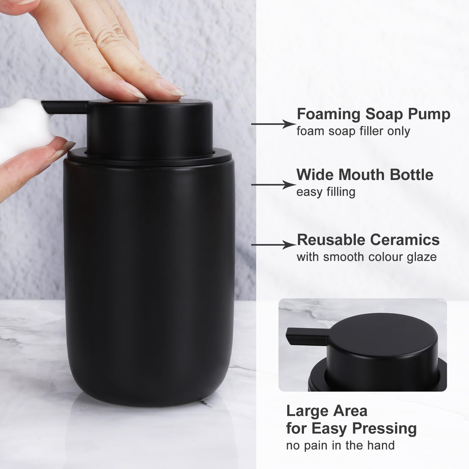 Bosilunlife Schwarzes Badezimmer-Zubehör-Set – Keramik-Badezimmer-Zubehör-Sets Komplettes schäumender Seifenspender und Zahnbürstenhalter-Set, Seifenschale, Qtip & Watteballhalter, modernes
