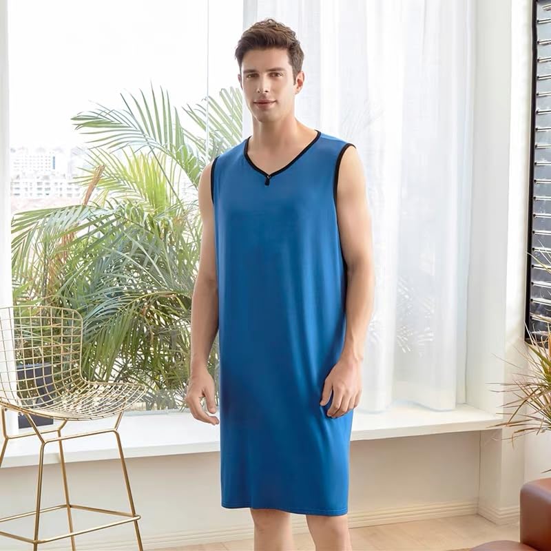 Men's Summer Nightshirt Sleeveless V Neck Sleepshirt Pajama Shirt Nightgown Comfy Big & Tall Henley Sleep Gowns2